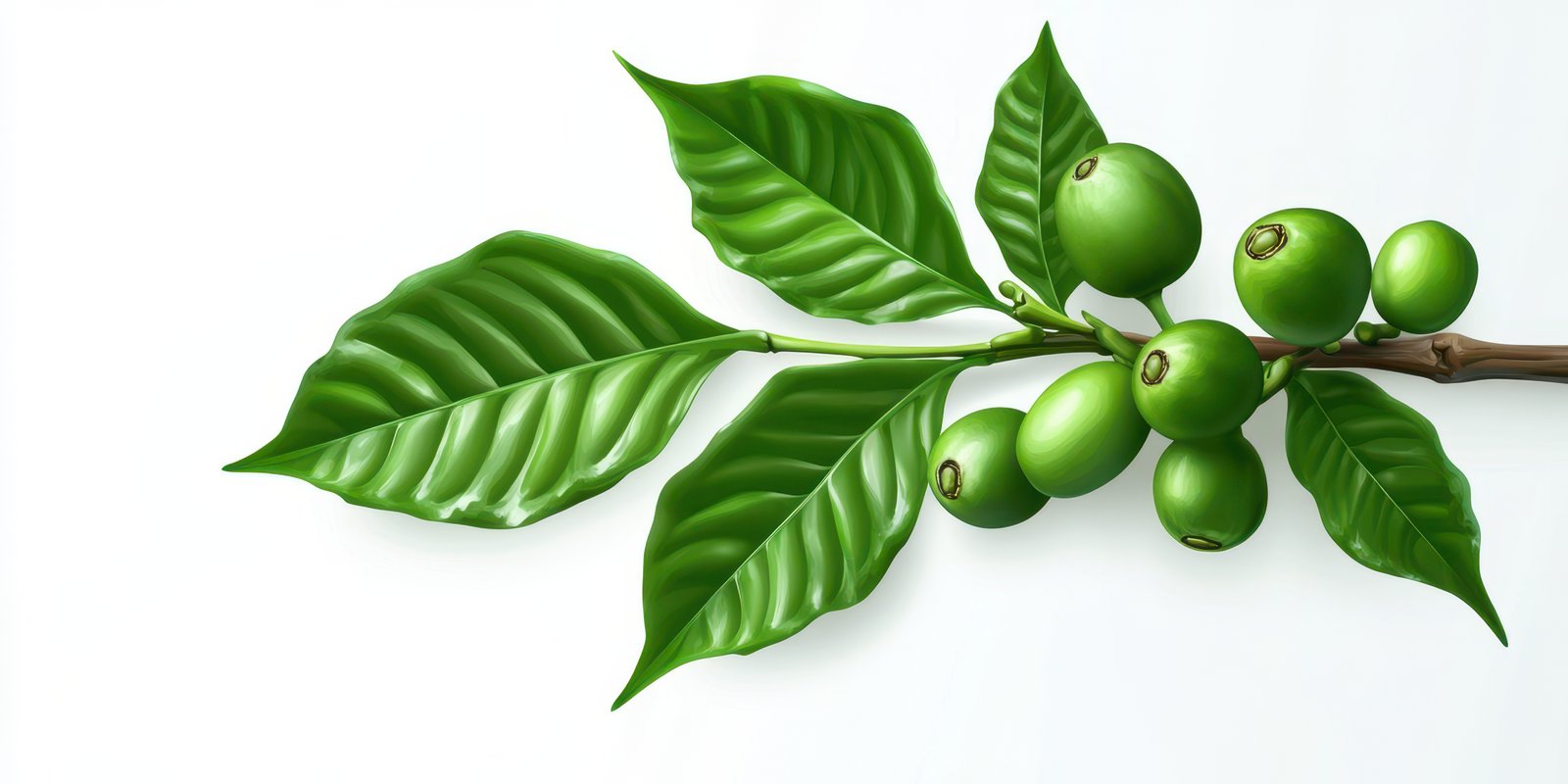 Green unripe fruit with glossy leaves on a branch against a light background in a simple composition